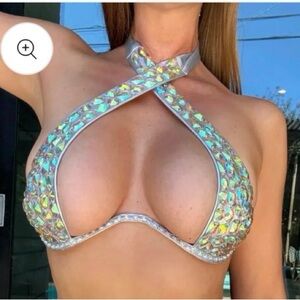 Embellished Pink Rhinestone Halter Bikini Top for raves/festivals